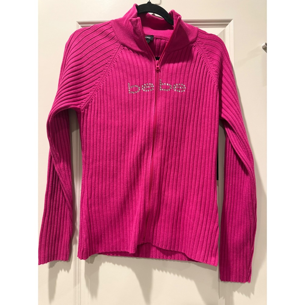 Bebe Hot‎ Pink Ribbed Rhinestone Logo Full Zip Mock Neck Sweater Womens XL
